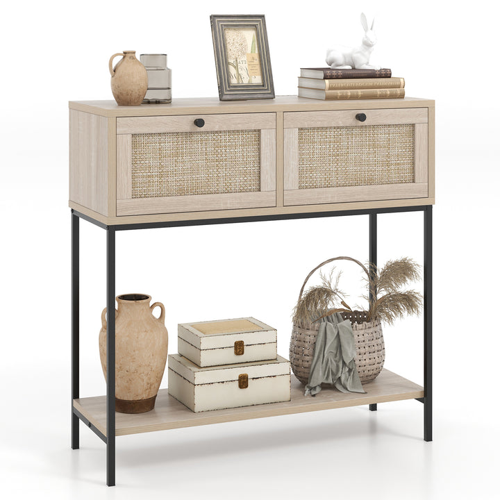 2 Tier Console Table with Rattan Drawers and Open Storage Shelf