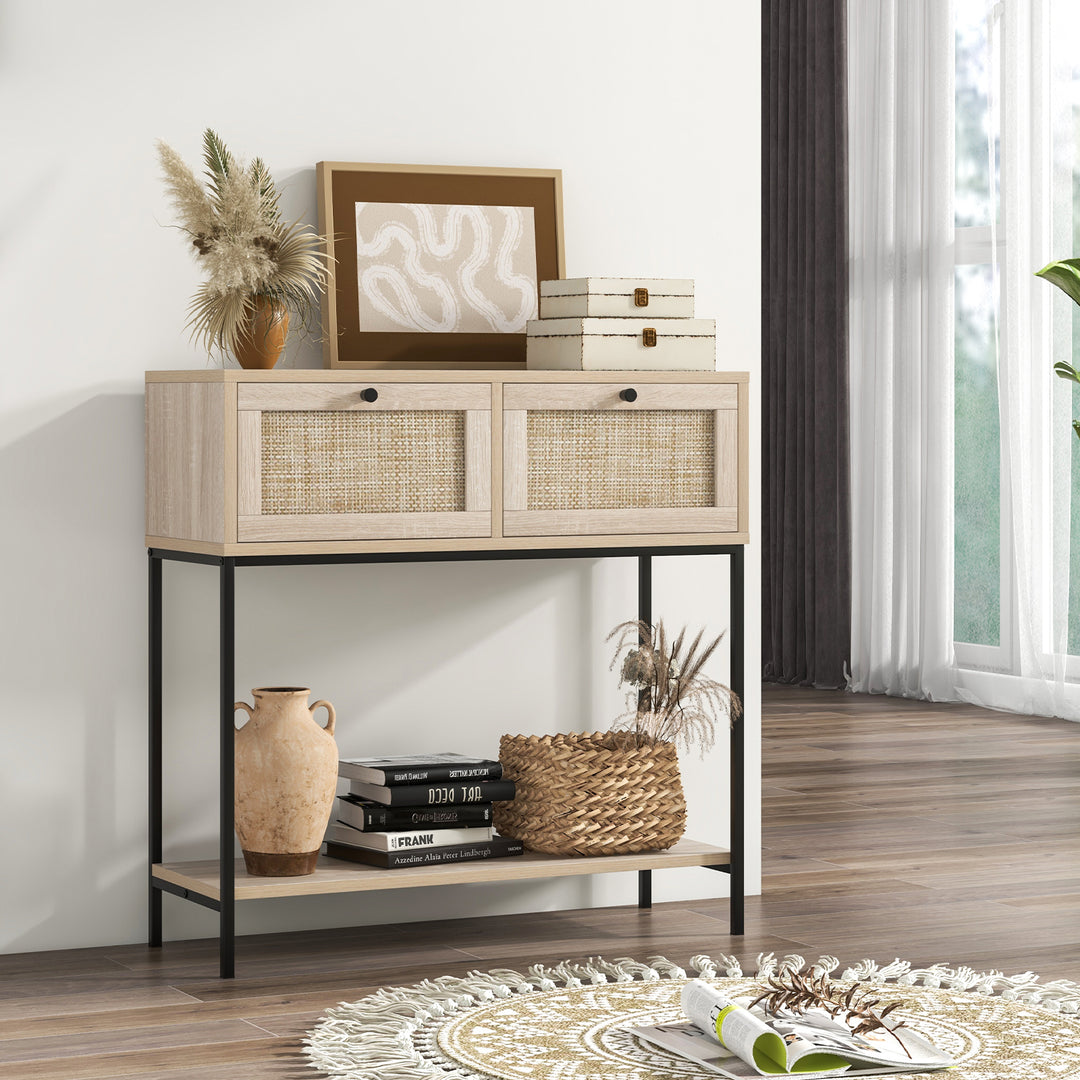 2 Tier Console Table with Rattan Drawers and Open Storage Shelf