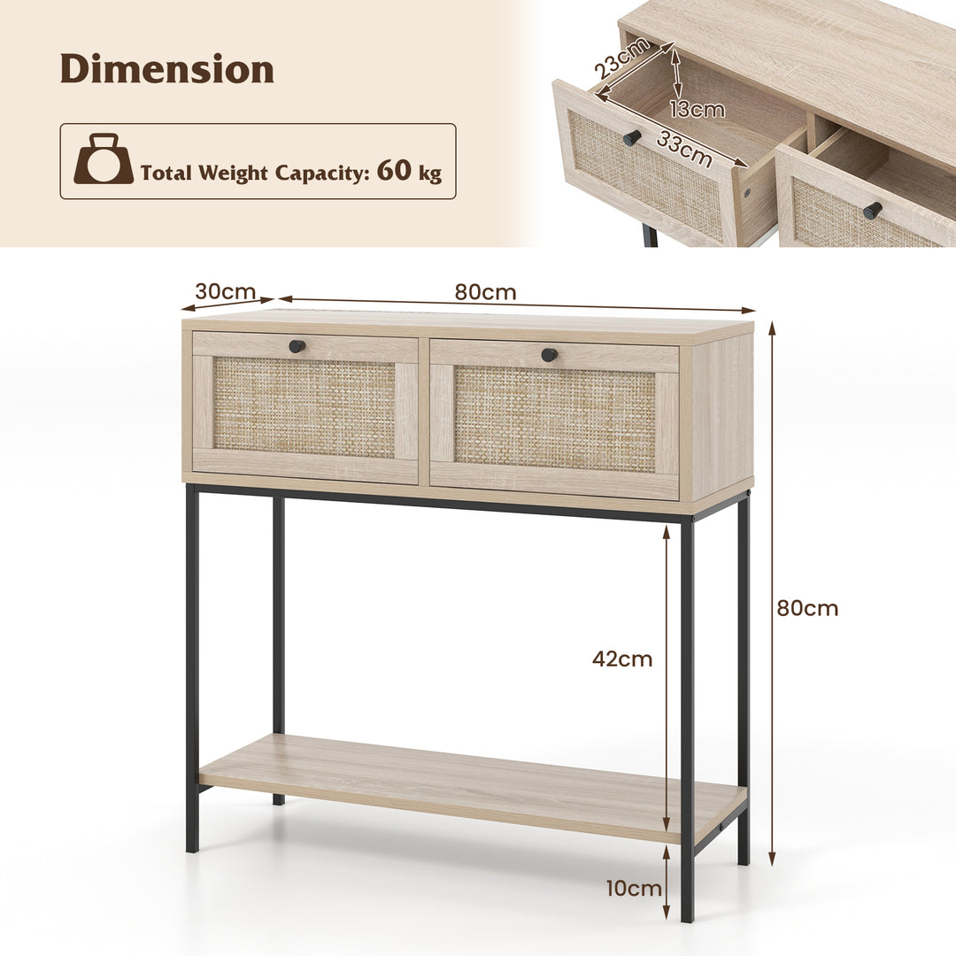 2 Tier Console Table with Rattan Drawers and Open Storage Shelf