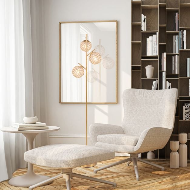 3-Globe Floor Lamp with Foot Switch and 3 E27 Bulb Bases-Golden