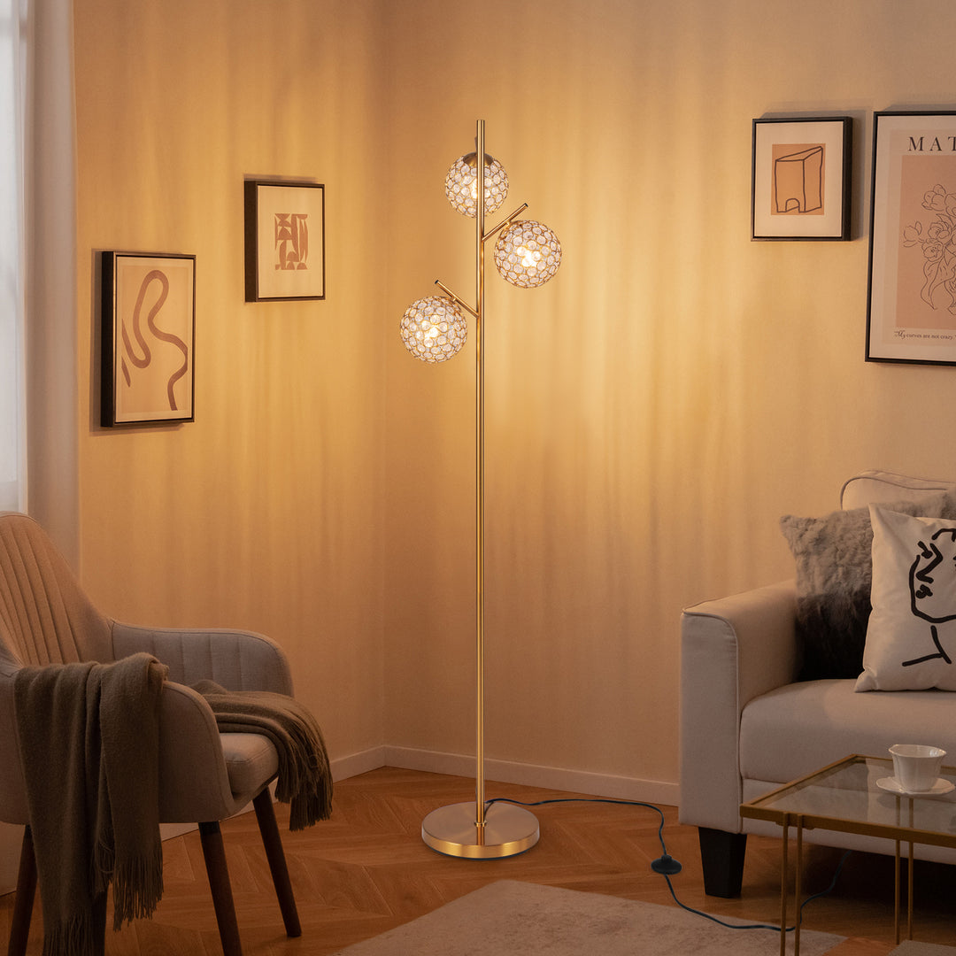 3-Globe Floor Lamp with Foot Switch and 3 E27 Bulb Bases-Golden - TidySpaces