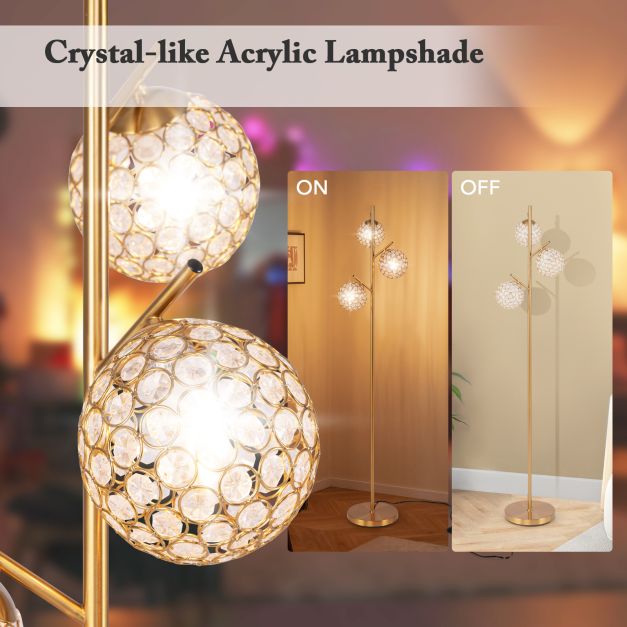 3-Globe Floor Lamp with Foot Switch and 3 E27 Bulb Bases-Golden