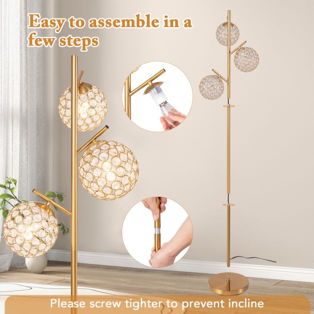 3-Globe Floor Lamp with Foot Switch and 3 E27 Bulb Bases-Golden