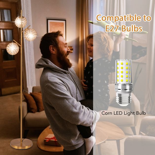 3-Globe Floor Lamp with Foot Switch and 3 E27 Bulb Bases-Golden