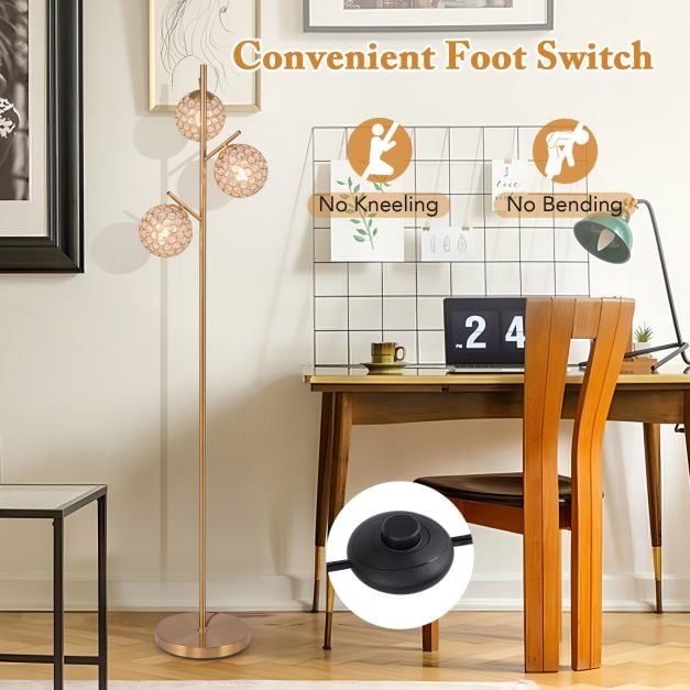 3-Globe Floor Lamp with Foot Switch and 3 E27 Bulb Bases-Golden