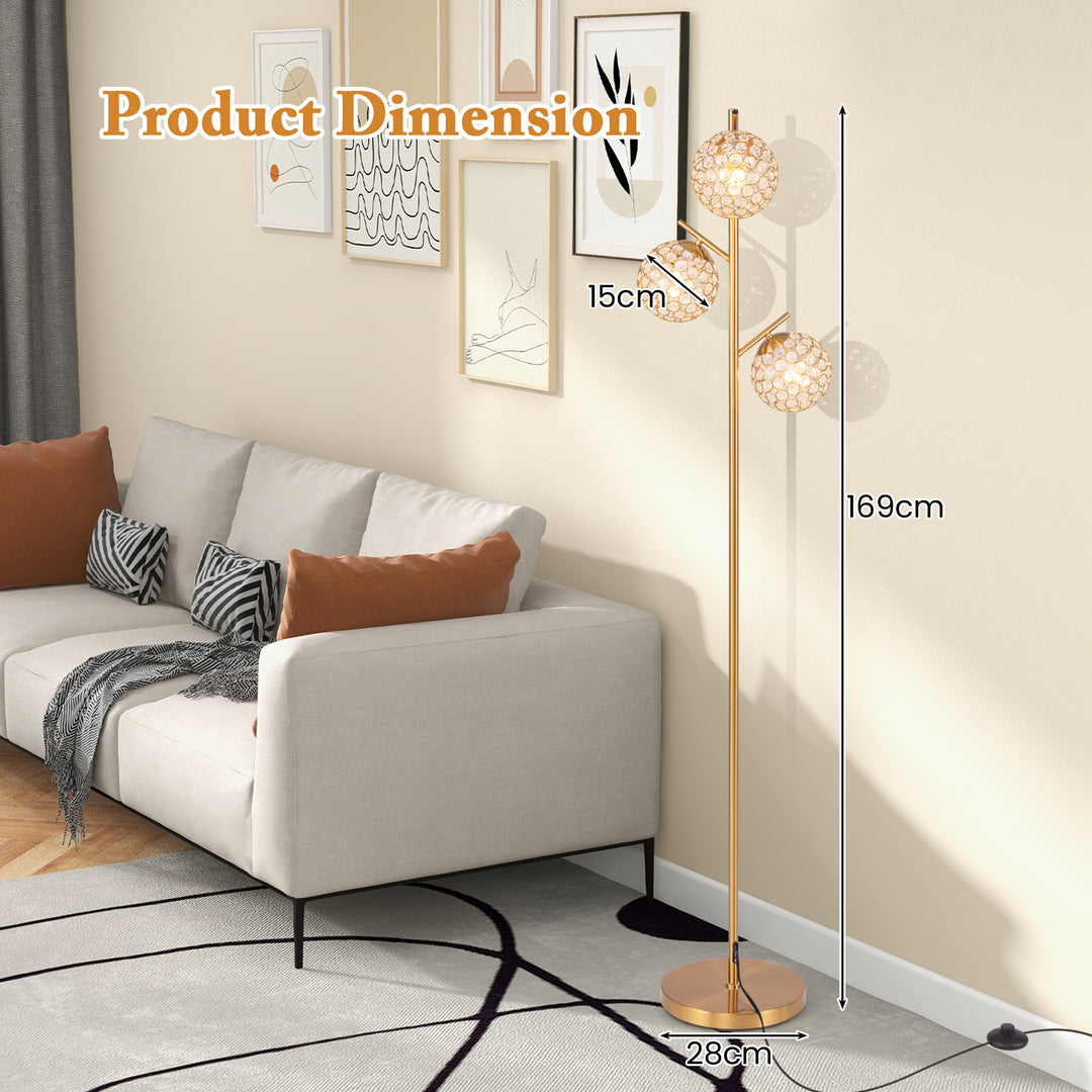 3-Globe Floor Lamp with Foot Switch and 3 E27 Bulb Bases-Golden - TidySpaces