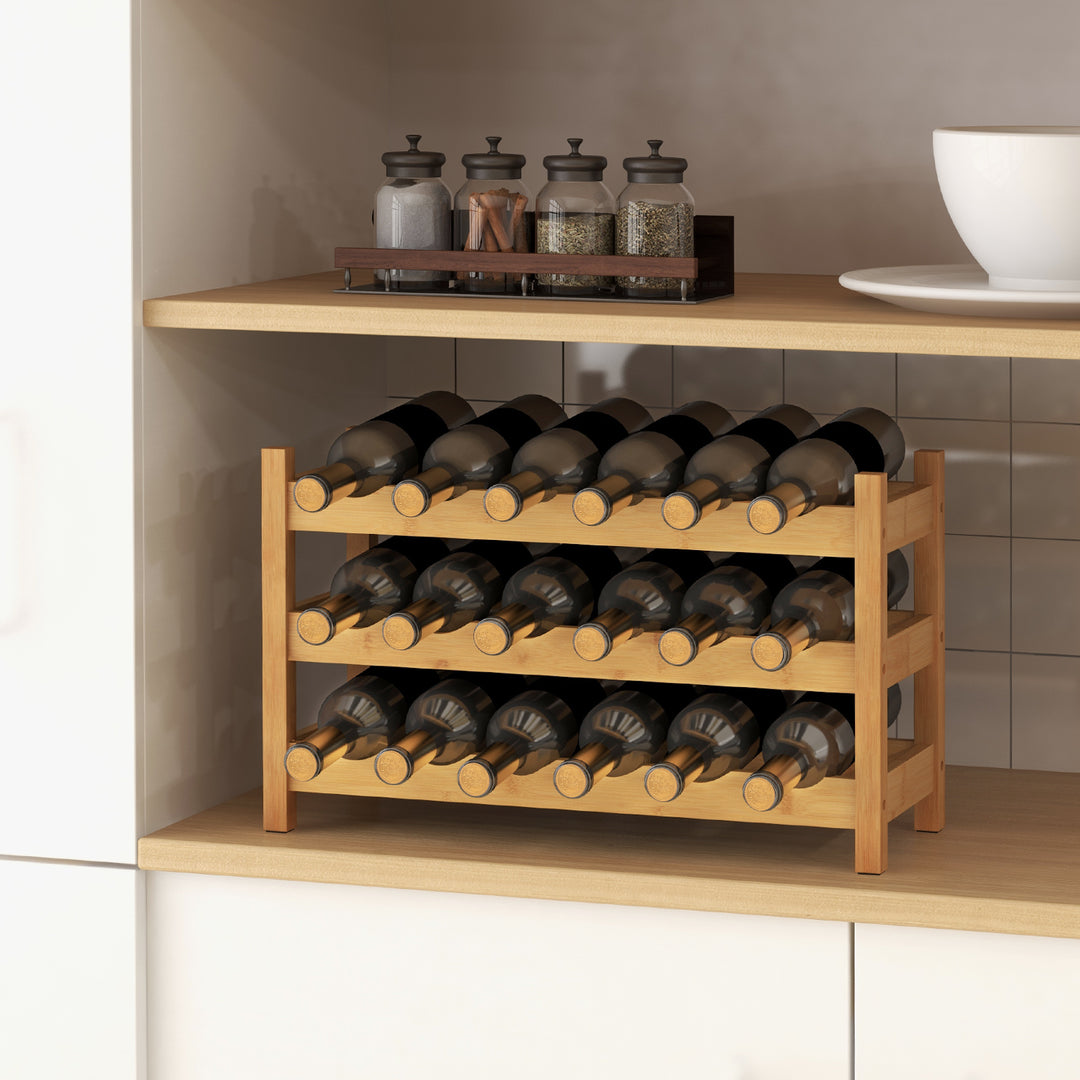 3 Tier Bamboo Wine Rack with Wave Slot for Kitchen