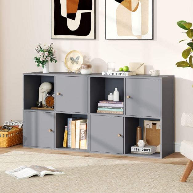 3-Tier Bookshelf with Dual Anti-Tipping Kits and 2 Cabinets-Grey