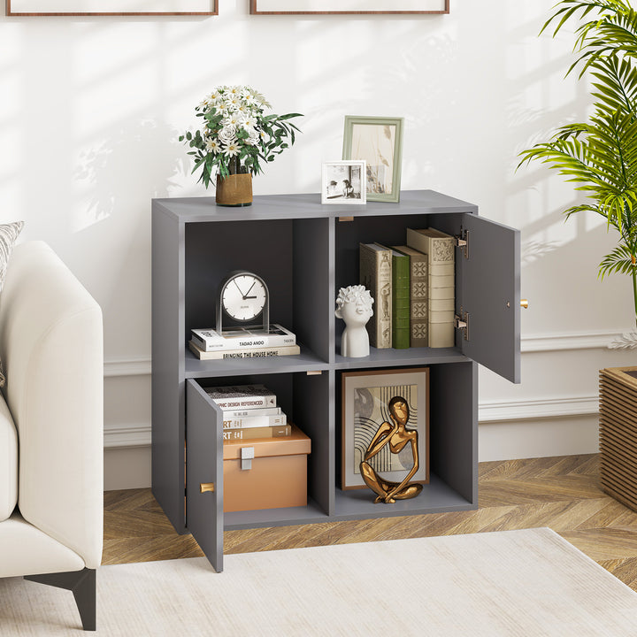 3-Tier Bookshelf with Dual Anti-Tipping Kits and 2 Cabinets-Grey