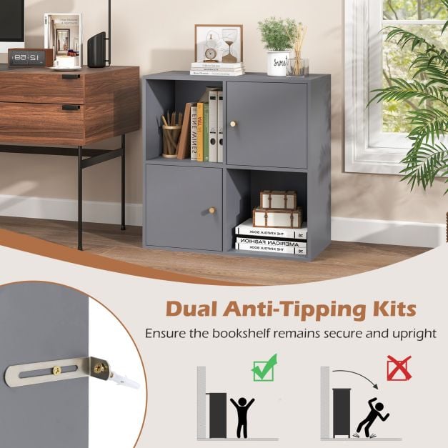 3-Tier Bookshelf with Dual Anti-Tipping Kits and 2 Cabinets-Grey