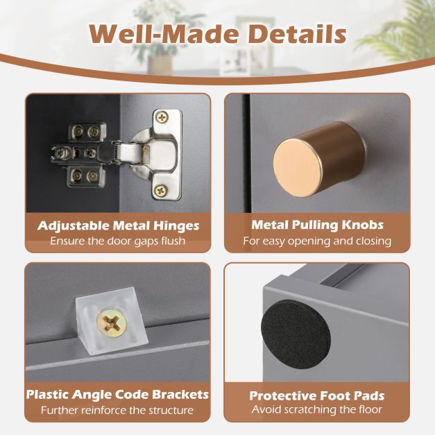 3-Tier Bookshelf with Dual Anti-Tipping Kits and 2 Cabinets-Grey