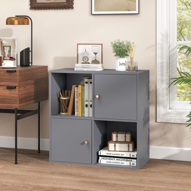 3-Tier Bookshelf with Dual Anti-Tipping Kits and 2 Cabinets-Grey