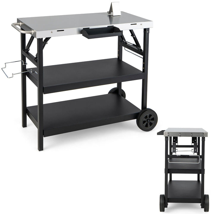 3-Tier Foldable Stainless Outdoor Cart with 2 Wheels-Black - TidySpaces