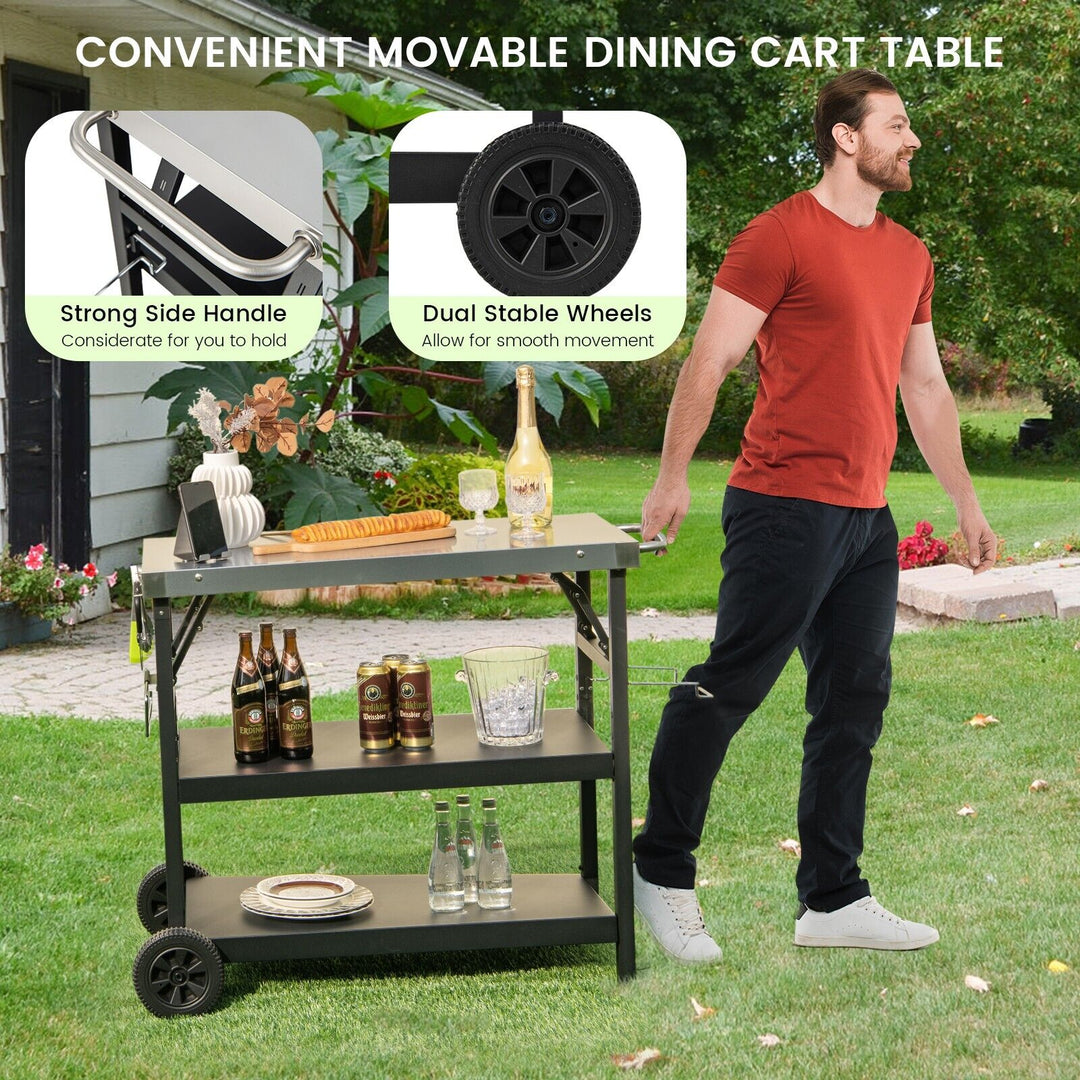 3-Tier Foldable Stainless Outdoor Cart with 2 Wheels-Black - TidySpaces