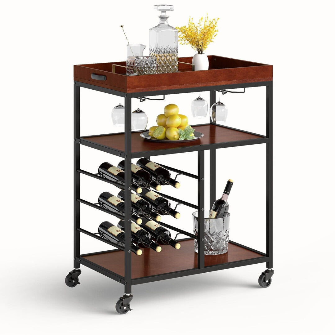 3 Tier Kitchen Island Storage Cart with Wine Rack and Glass Holder - TidySpaces