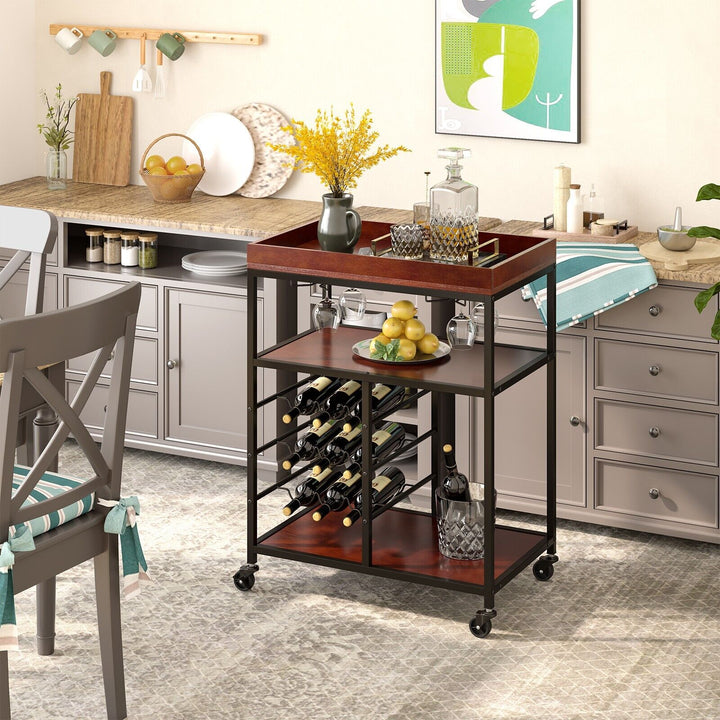 3 Tier Kitchen Island Storage Cart with Wine Rack and Glass Holder - TidySpaces