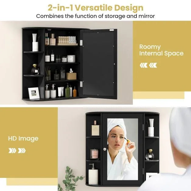 3-Tier Mirrored Wall Mounted Bathroom Cabinet-Black - TidySpaces