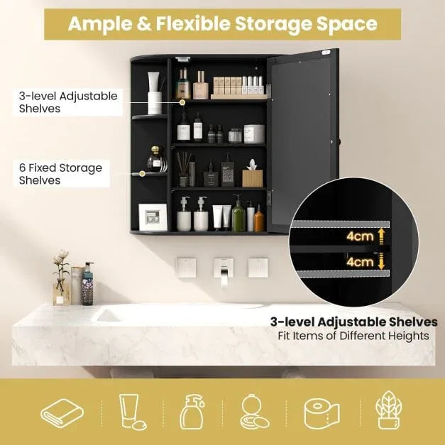 3-Tier Mirrored Wall Mounted Bathroom Cabinet-Black - TidySpaces