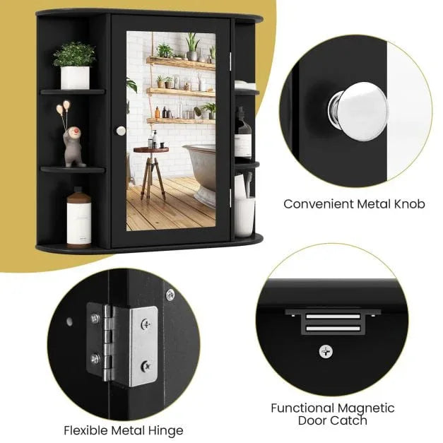 3-Tier Mirrored Wall Mounted Bathroom Cabinet-Black - TidySpaces