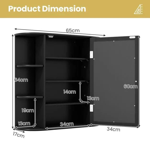 3-Tier Mirrored Wall Mounted Bathroom Cabinet-Black - TidySpaces