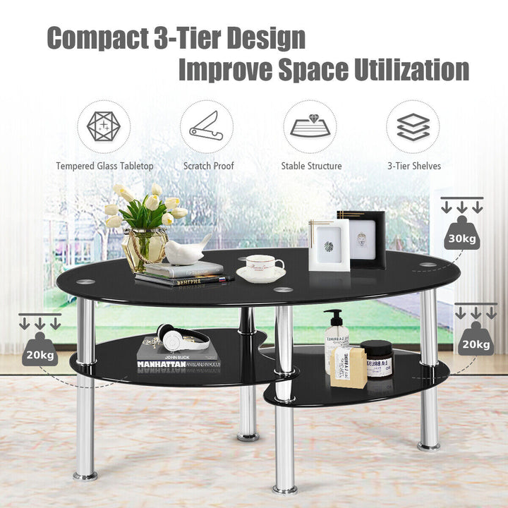 3 Tiers Tempered Glass Coffee Tables with 2 Shelves - TidySpaces