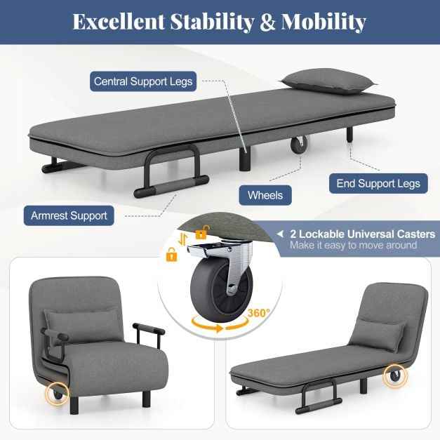 3-in-1 Convertible Sofa Bed with 5-Position Adjustable Backrest for Versatile Comfort