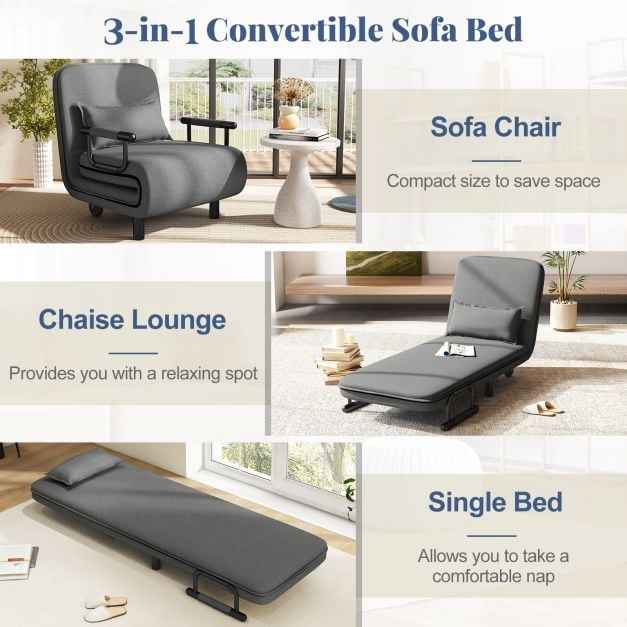 3-in-1 Convertible Sofa Bed with 5-Position Adjustable Backrest for Versatile Comfort