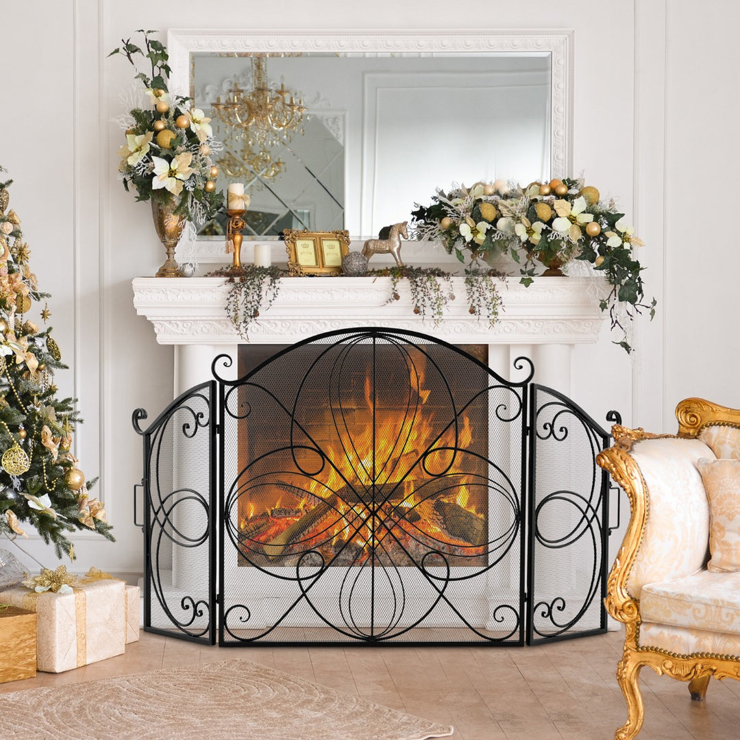 3-Panel Folding Spark Guard with Floral Pattern for Living Room