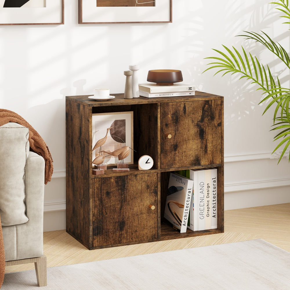 3-Tier Bookshelf with Dual Anti-Tipping Kits and 2 Cabinets-Rustic Brown - TidySpaces