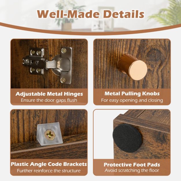 3-Tier Bookshelf with Dual Anti-Tipping Kits and 2 Cabinets in Rustic Brown