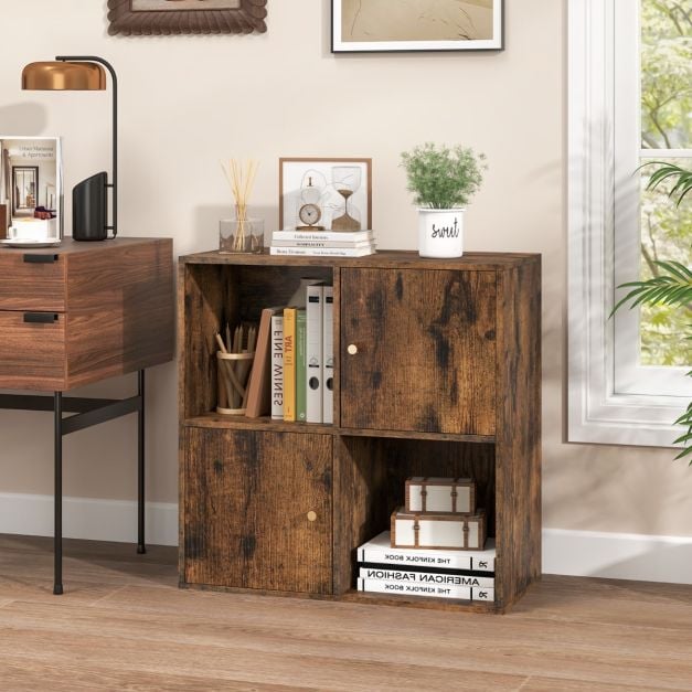 3-Tier Bookshelf with Dual Anti-Tipping Kits and 2 Cabinets in Rustic Brown
