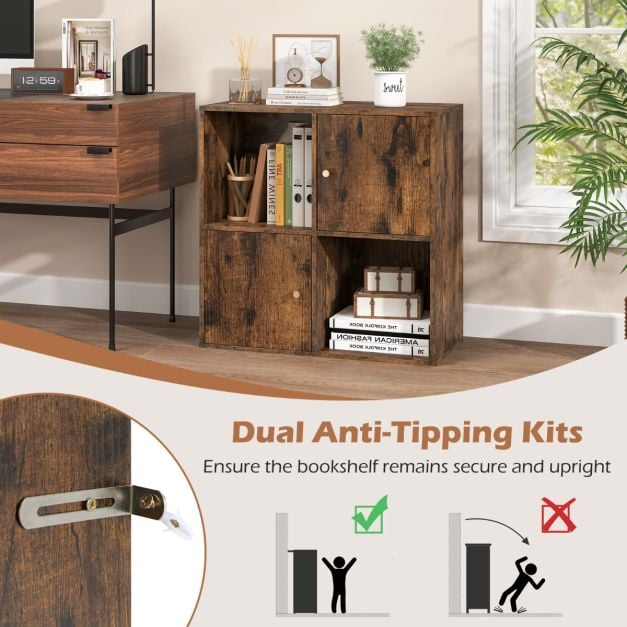 3-Tier Bookshelf with Dual Anti-Tipping Kits and 2 Cabinets in Rustic Brown