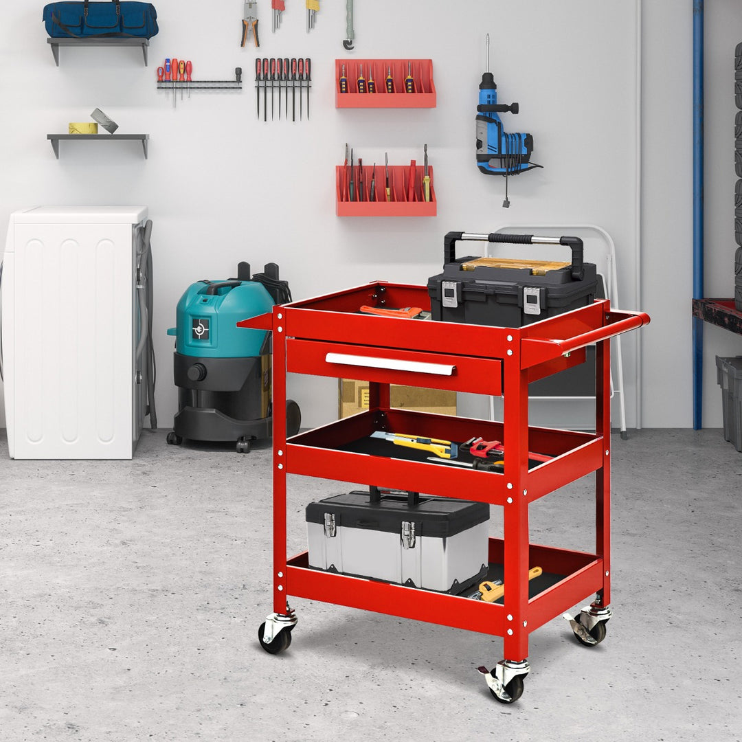 3 Tier Tool Trolley with Drawer and 4 Wheels-Red