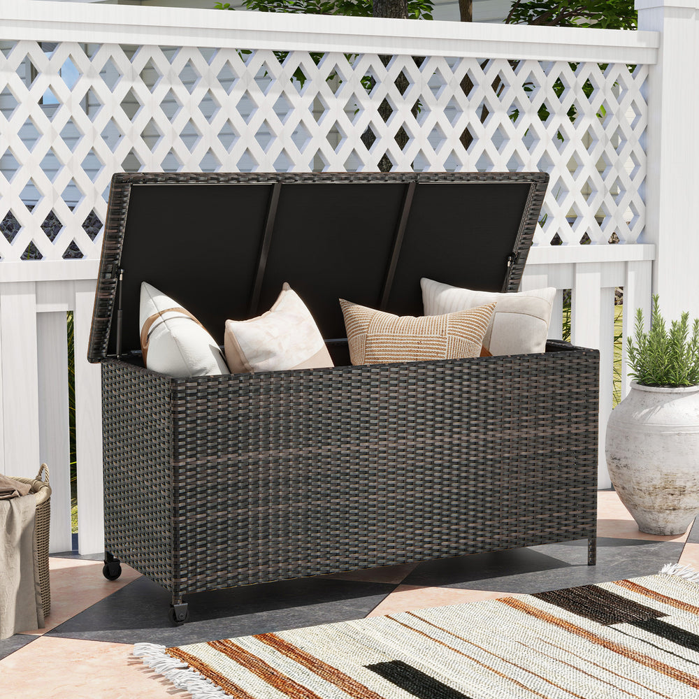 320L Rattan Deck Box Outdoor Storage with Liner and Universal Wheels-Brown - TidySpaces