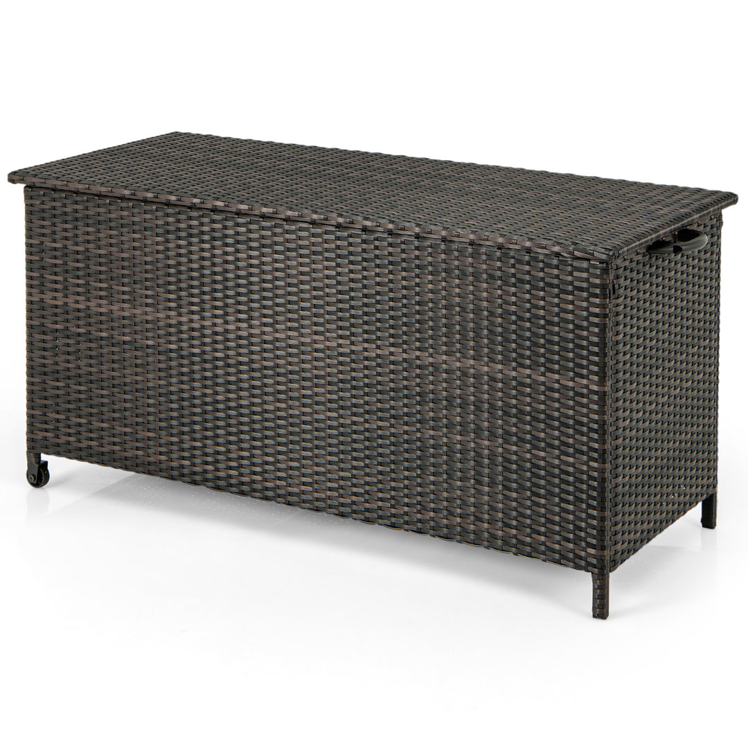 320L Rattan Deck Box Outdoor Storage with Liner and Universal Wheels-Brown - TidySpaces