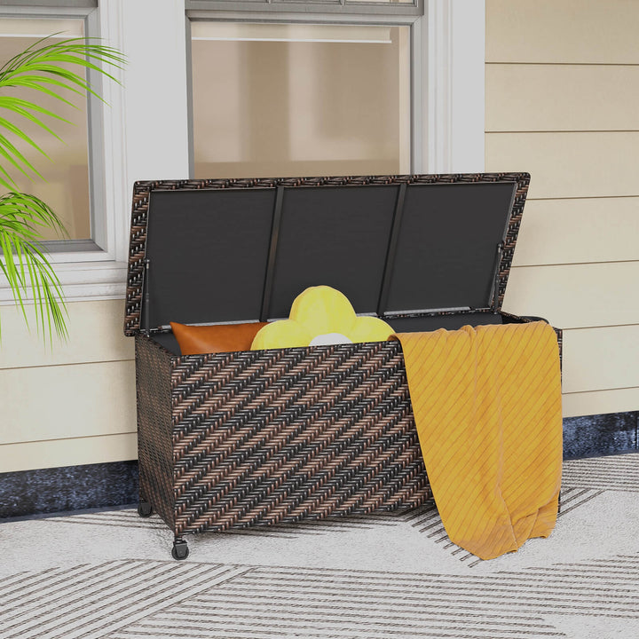 320L Tightly-Woven Rattan Deck Box with Polyester Liner and Wheels-Brown - TidySpaces