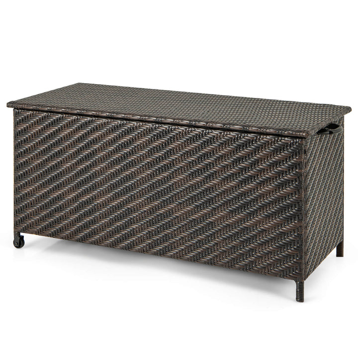 320L Tightly-Woven Rattan Deck Box with Polyester Liner and Wheels-Brown - TidySpaces