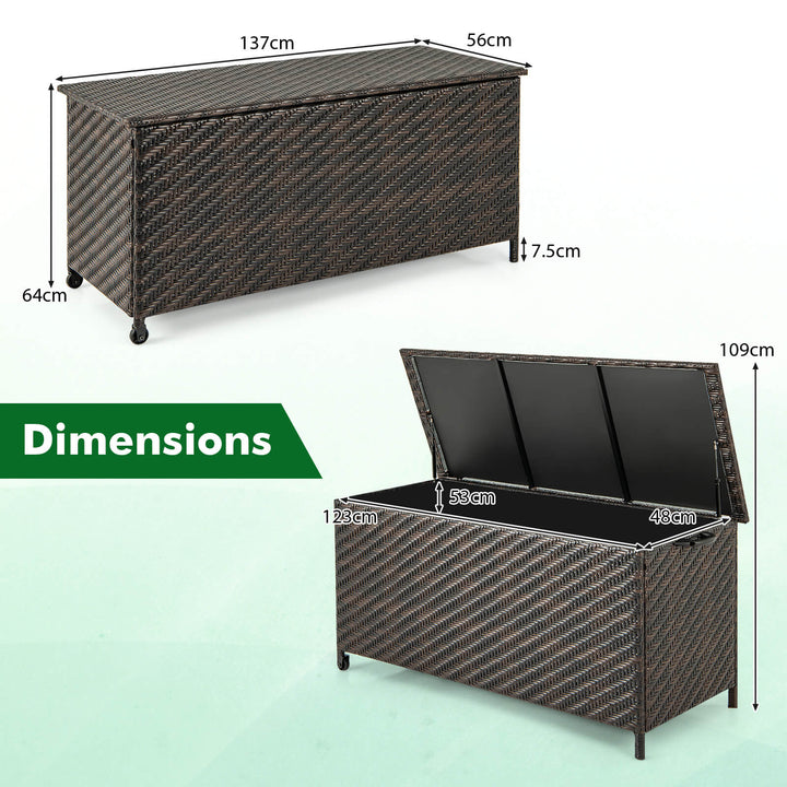 320L Tightly-Woven Rattan Deck Box with Polyester Liner and Wheels-Brown - TidySpaces