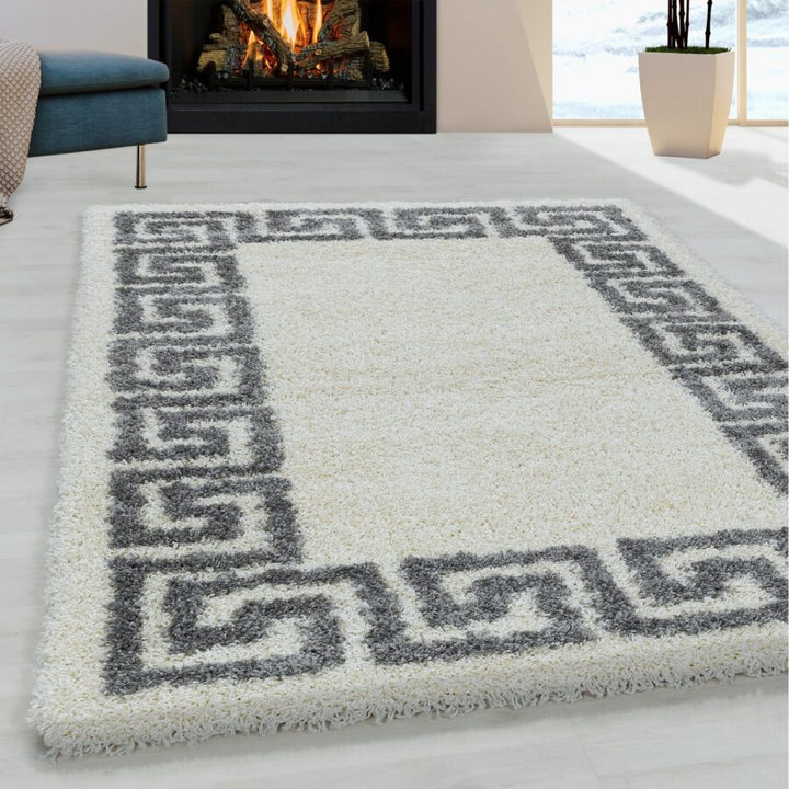 White Cream Fluffy Shaggy Rug Greek Key White Cream - TidySpaces