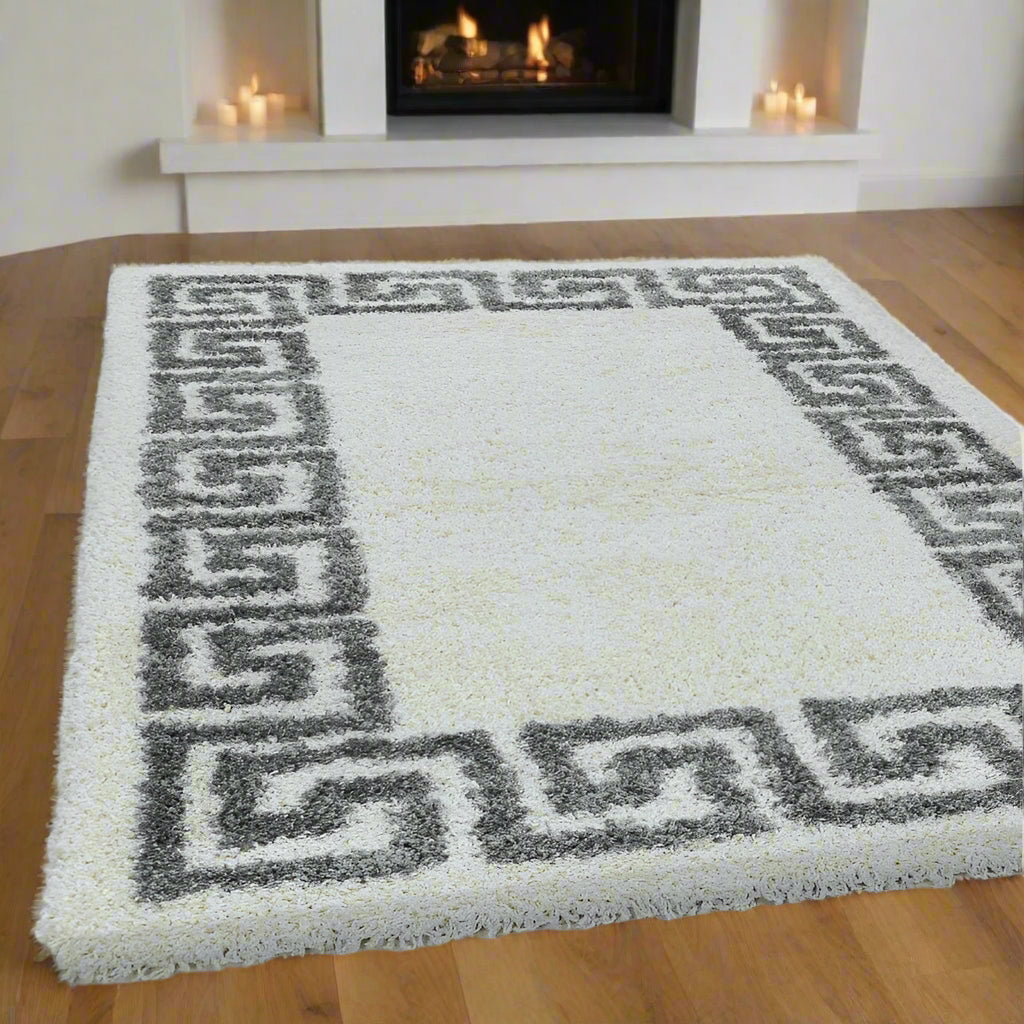 White Cream Fluffy Shaggy Rug Greek Key