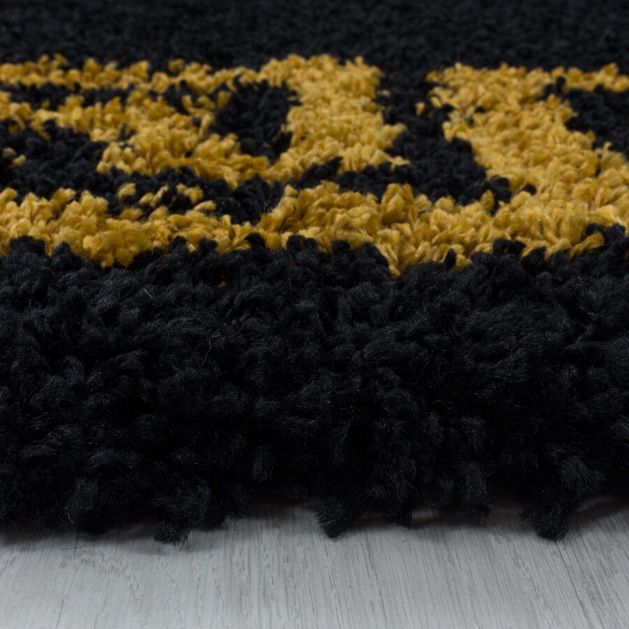 Black Fluffy Shaggy Rug Black Gold Greek Key