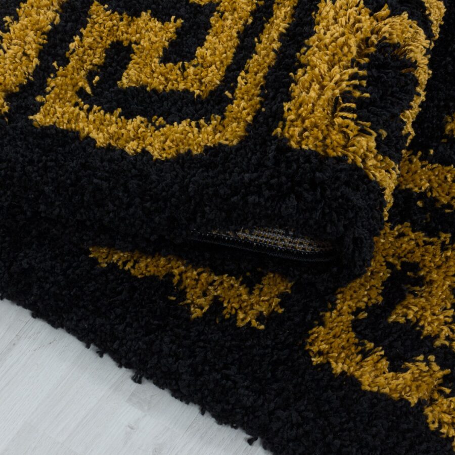 Black Fluffy Shaggy Rug Black Gold Greek Key