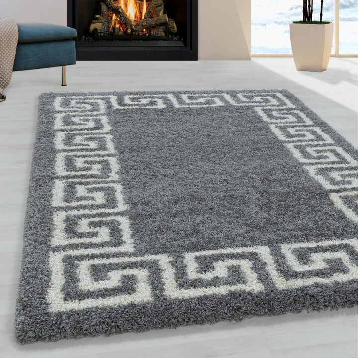 Grey Fluffy Shaggy Rug Grey Greek Key Grey - TidySpaces