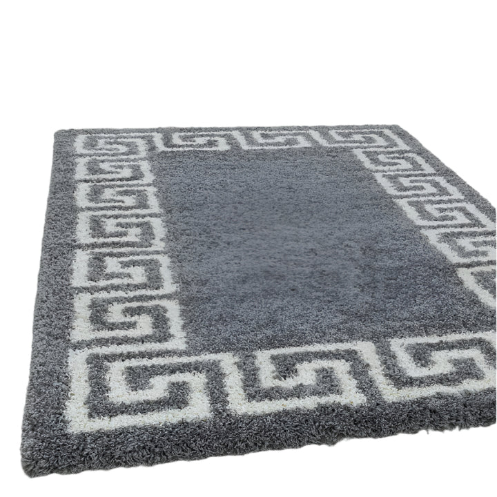 Grey Fluffy Shaggy Rug Grey Greek Key - TidySpaces