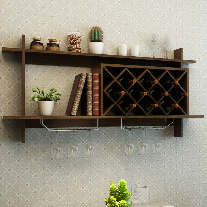 Wall-mounted Wine Rack with Wine Glass Holder-Walnut