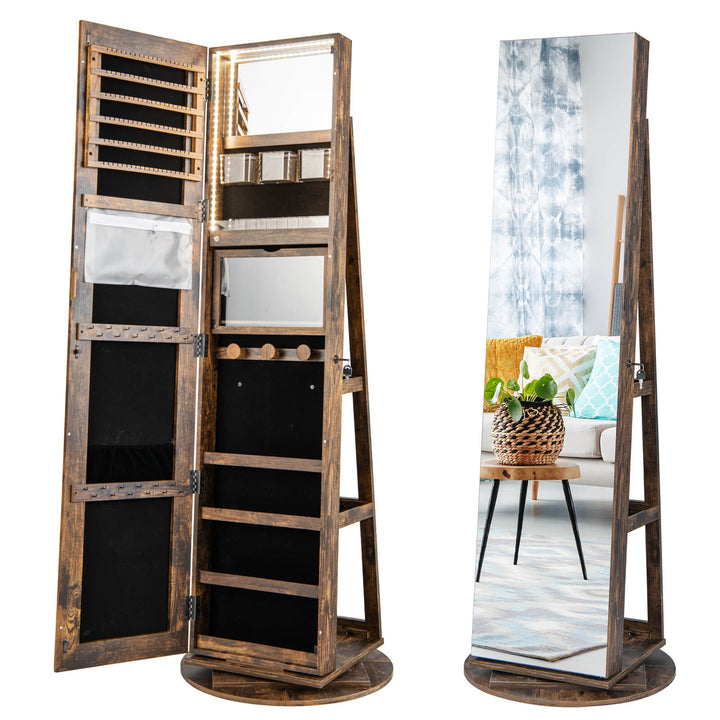 360 Degree Mirrored Jewelry Armoire with 3 Color Auto on LED Lights Rustic Rustic Brown - TidySpaces
