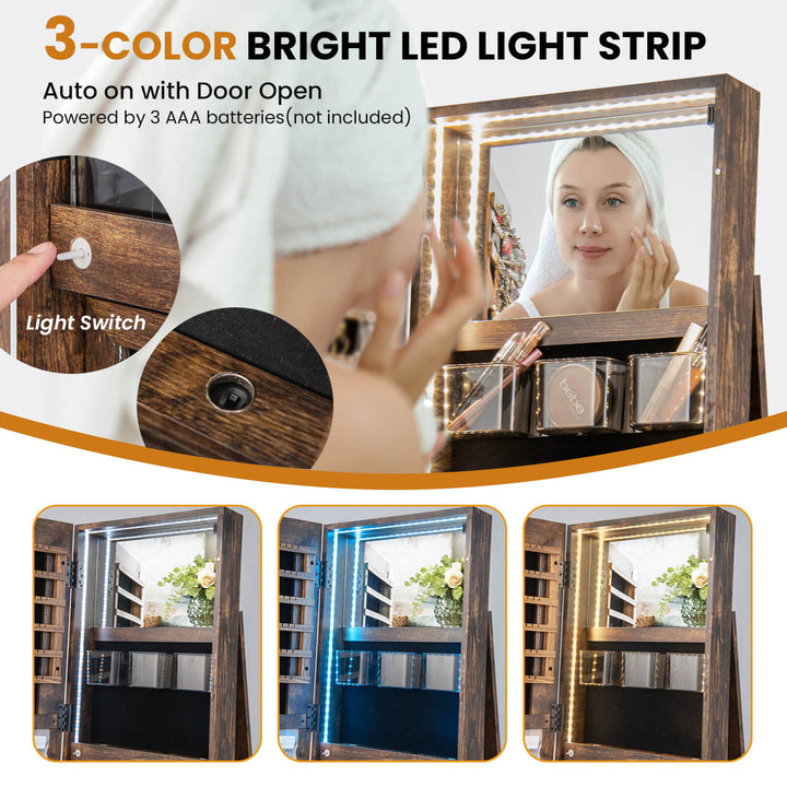 360 Degree Mirrored Jewelry Armoire with 3 Color Auto on LED Lights Rustic - TidySpaces