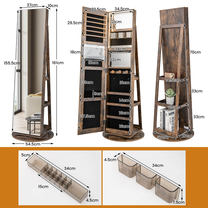 360 Degree Mirrored Jewelry Armoire with 3 Color Auto on LED Lights Rustic - TidySpaces