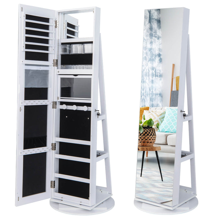 360 Degree Mirrored Jewelry Armoire with 3 Color Auto on LED Lights Rustic White - TidySpaces