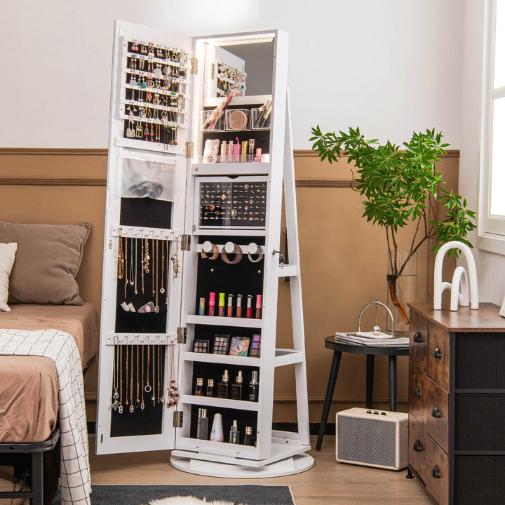 360 Degree Mirrored Jewelry Armoire with 3 Color Auto on LED Lights Rustic - TidySpaces